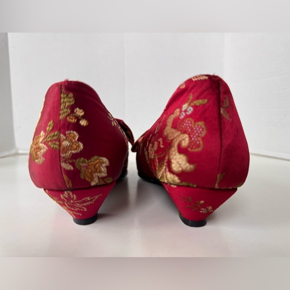 vintage 60s 70s lj simone new york brocade red floral bow kitten heel shoes - Picture 8 of 12